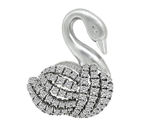 Round and Baguette Cut Diamond 18k White Gold Swan Pin