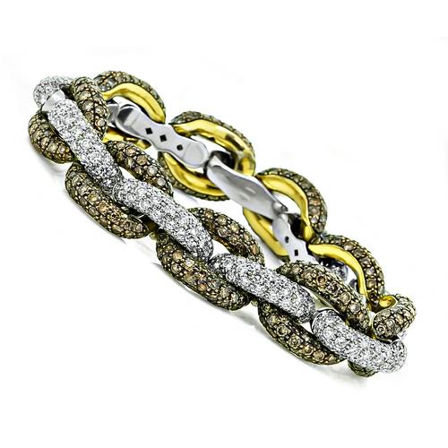 Round Cut White and Natural Fancy Orange Brown Diamond 18k Yellow and White Gold Bracelet