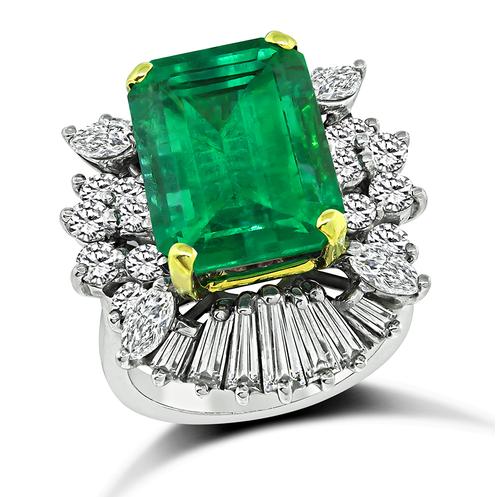 Emerald Cut Emerald Baguette Marquise and Round Cut Diamond Platinum Ring