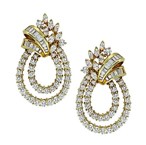 Marquise Baguette and Round Cut Diamond 18k Yellow Gold Earrings