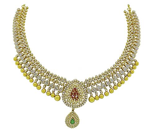 Rose Cut Diamond Emerald Ruby 22k Yellow Gold Necklace