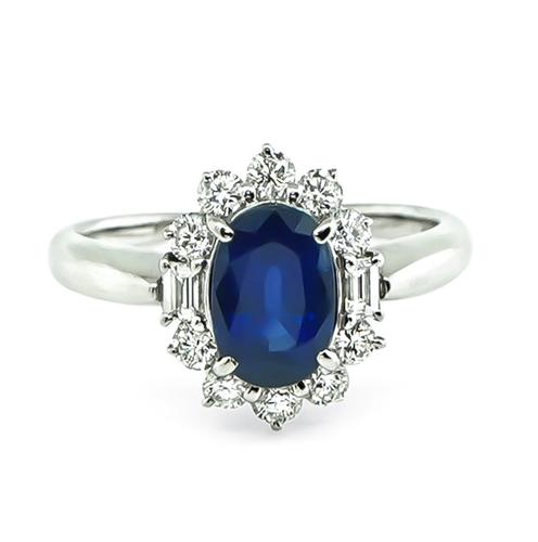 Oval Cut Sapphire Round and Emerald Cut Diamond Platinum Engagement Ring