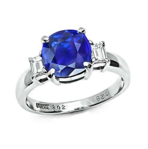 Cushion Cut Ceylon Sapphire Emerald Cut Diamond Platinum Engagement Ring