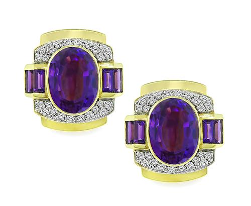 Oval and Baguette Cut Amethyst Round Cut Diamond 14k Yellow and White Gold Earrings