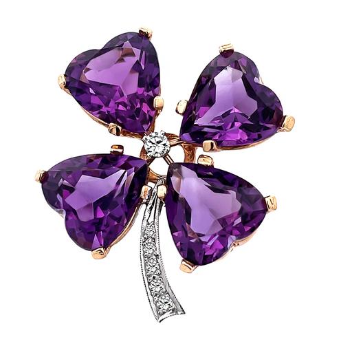 Heart Shape Amethyst Round Cut Diamond 14k Yellow and White Gold Clover Pin