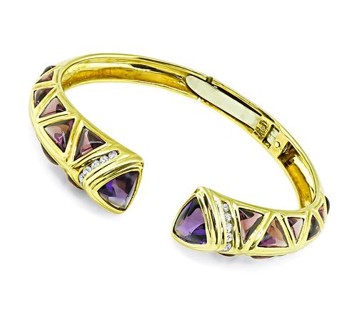 Round Cut Diamond Amethyst 18k Yellow Gold Bangle