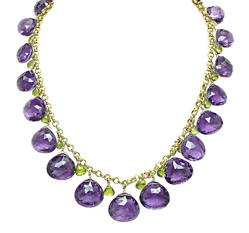 Pear Shape Amethyst and Peridot 18k Yellow Gold Necklace
