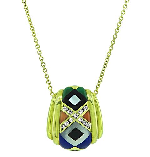 Round Cut Diamond Multi Color Gemstone Inlay 14k Yellow Gold Pendant Necklace