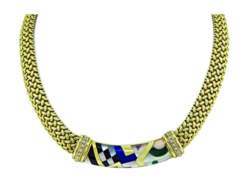 Round Cut Diamond Multi Color Gemstone Inlay 14k Yellow Gold Necklace by Asch Grosbardt