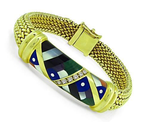 Round Cut Diamond Multi Color Gemstone Inlay 14k Yellow Gold Bracelet by Asch Grosbardt