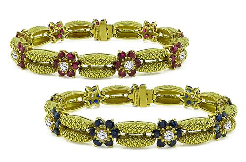 Round Cut Diamond Ruby and Sapphire 18k Yellow Gold Bracelet Set by Bertina