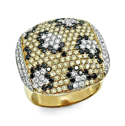 Round Cut Fancy Yellow Black and White Diamond 18k Yellow Gold Ring