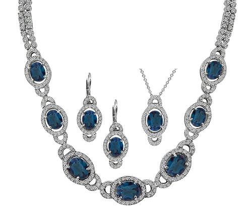 Round Cut Diamond Oval Cut Blue Topaz 18k White Gold Jewelry Set
