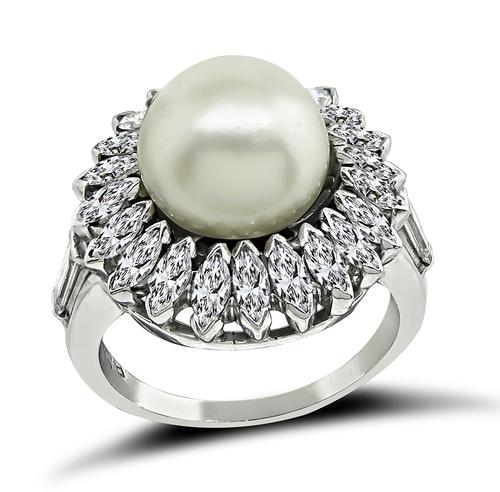 Pearl Marquise and Baguette Cut Diamond Platinum Ring by Black Starr and Frost