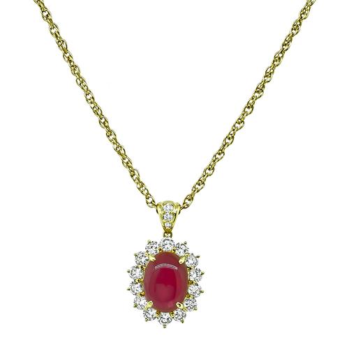 Cabochon Burma Ruby Round Cut Diamond 18k Yellow Gold Pendant Necklace