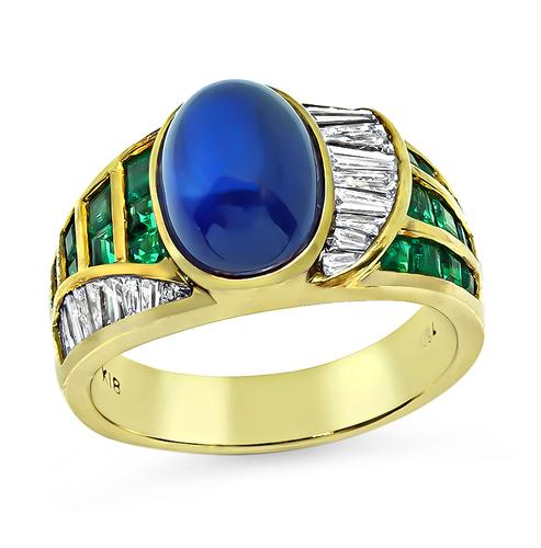 Cabochon Sapphire Square Cut Emerald Baguette Cut Diamond 18k Yellow Gold Ring