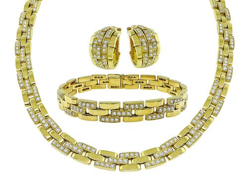 Cartier Round Cut Diamond 18k Yellow Gold Panthere Necklace Bracelet and Earrings Set