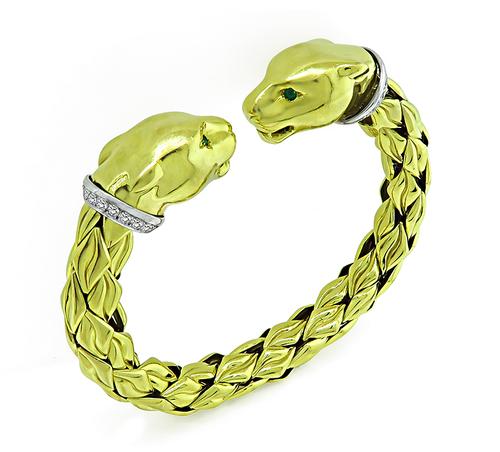 Round Cut Diamond Emerald 18k Yellow Gold Panther Head Bangle by Chimento