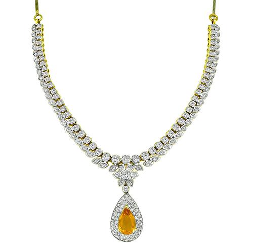 Pear Shape Citrine Round Cut Diamond 18k Yellow and White Gold Necklace