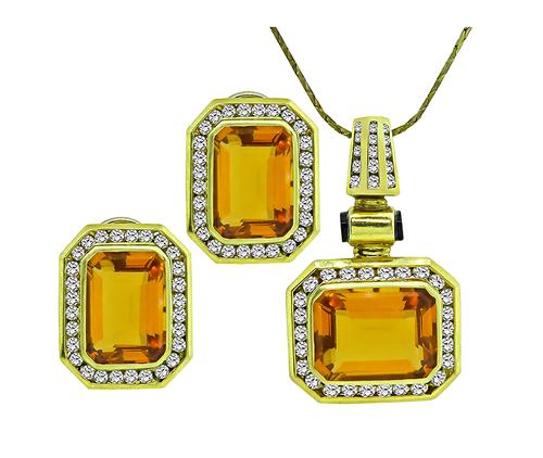 Emerald Cut Citrine Round Cut Diamond 18k Yellow Gold Jewelry Set