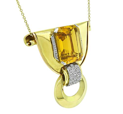 Emerald Cut Citrine Round and Old Mine Cut Diamond 14k Yellow and White Pendant Necklace