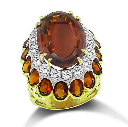 Oval Cut Citrine Round Cut Diamond 18k Yellow and White Gold Cocktail Ring