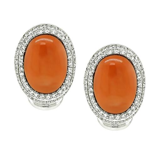 Oval Cut Coral Round Cut Diamond 18k White Gold Earrings