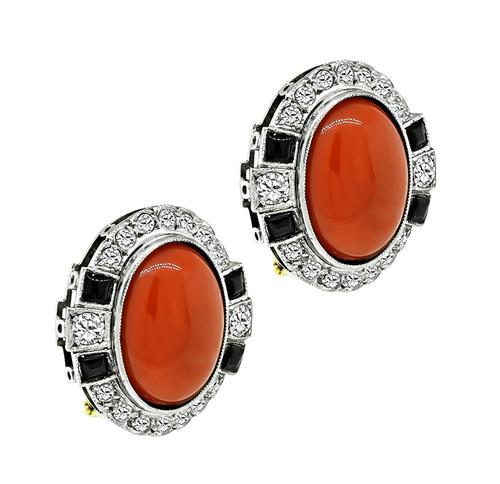 Round Cut Diamond Cabochon Coral and Onyx Platinum and Gold Earrings