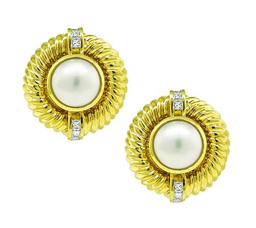 Princess Cut Diamond Pearl 18k Yellow Gold Earrings by David Yurman