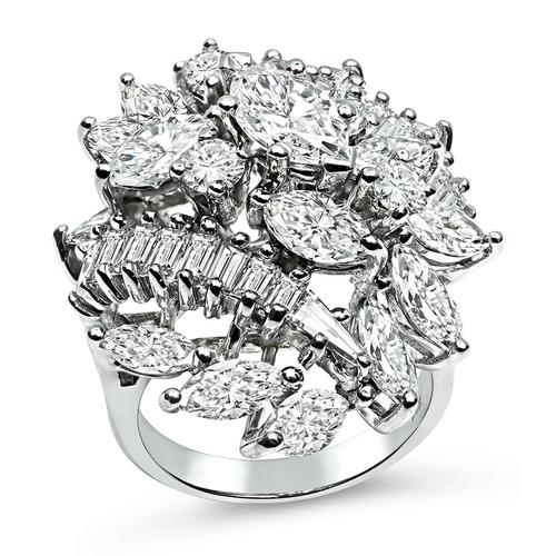 Marquise Baguette and Round Cut Diamond 14k White Gold Cocktail Ring