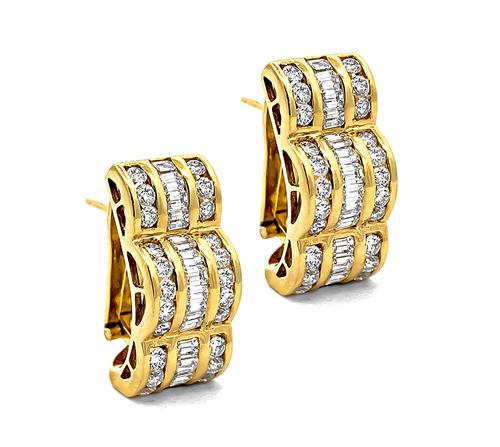 Round and Baguette Cut Diamond 18k Yellow Gold Earrings