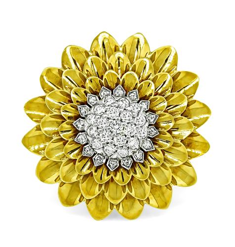 Round Cut Diamond 18k Yellow and White Gold Flower Pin