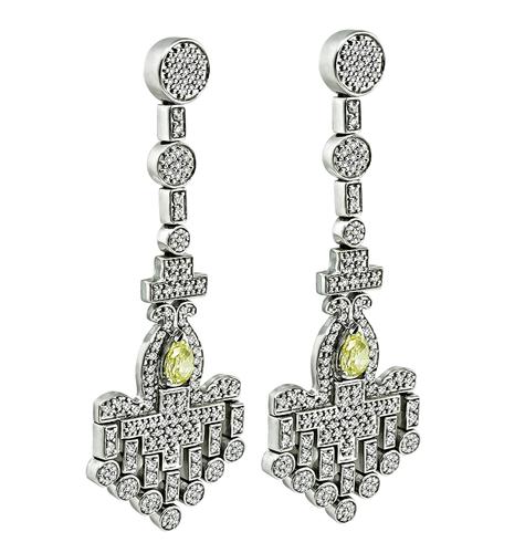 Pear Shape Fancy Yellow Diamond Round Cut Diamond 18k White Gold Chandelier Earrings