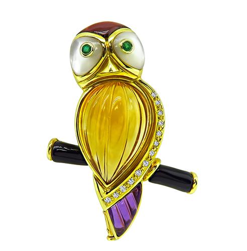 Round Cut Diamond Mother of Pearl Citrine Amethyst Onyx and Emerald 18k Yellow Gold Barn Owl Pin