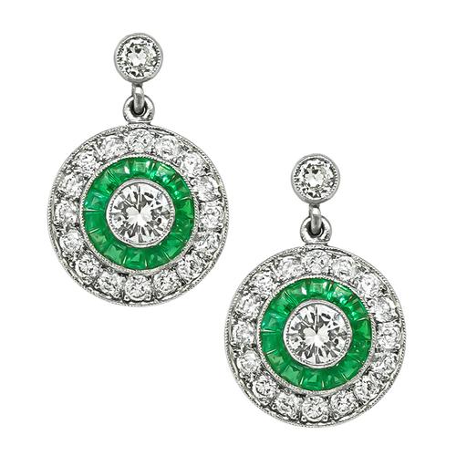 Round Cut Diamond Emerald Platinum Earrings