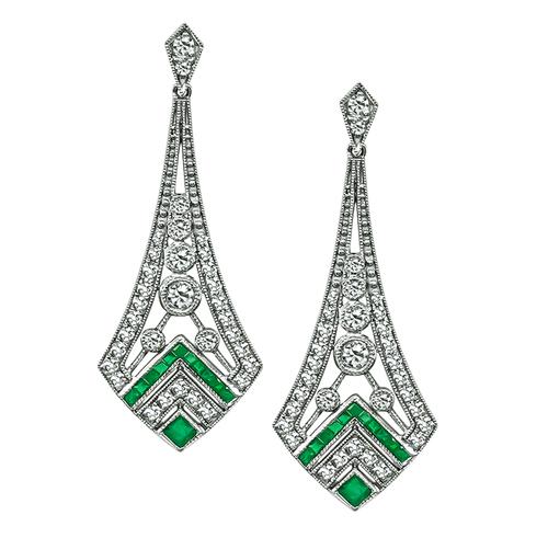 Round Cut Diamond Emerald Platinum Earrings