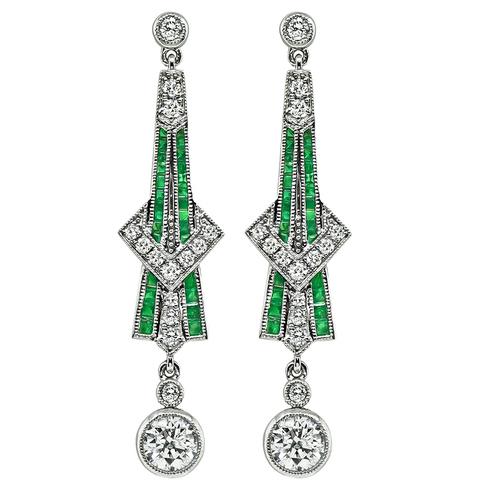 Estate Round Cut Diamond Emerald Platinum Drop Earrings