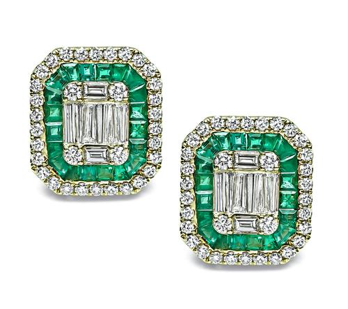 Round and Baguette Cut Diamond Square and Trapezoid Cut Emerald 14k Yellow Gold Earrings