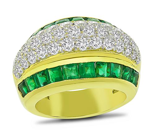 Round Cut Diamond Square Cut Emerald 18k Yellow Gold Ring