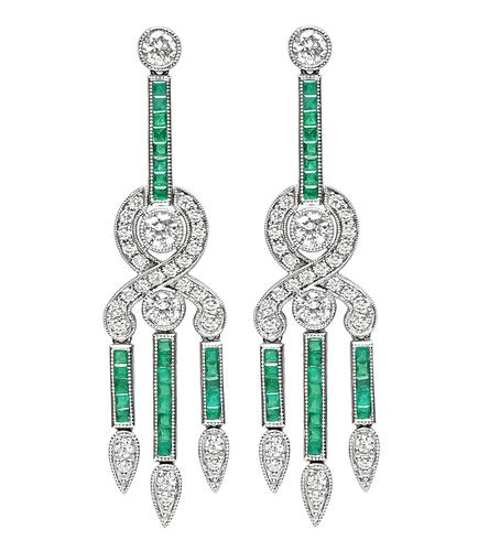 Round Cut Diamond Square Cut Emerald Platinum Earrings