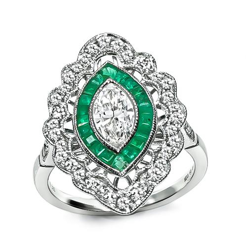 Art Deco Marquise and Round Cut Diamond Square Cut Emerald 14k White Gold Ring