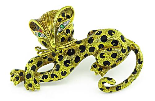 18k Yellow Gold Enamel Round Cut Diamond Cat Pin by Fred
