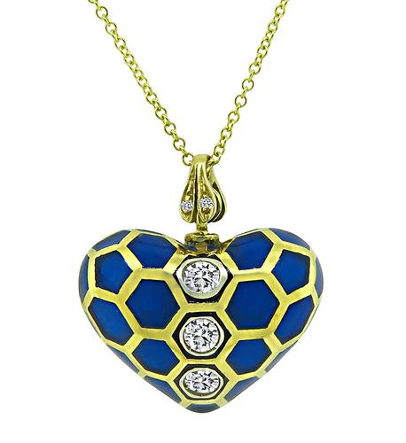 Round Cut Diamond Enamel 18k Yellow Gold Heart Pendant Necklace