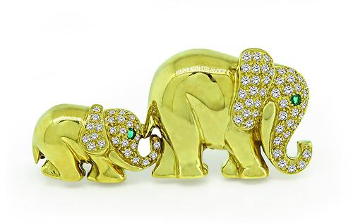 Round Cut Diamond and Emerald 18k Yellow Gold Mother and Child Elephant Pin