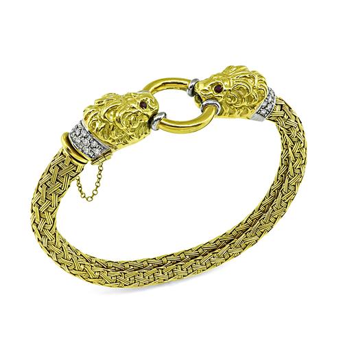 Round Cut Diamond 18k Yellow and White Gold Lion's Head Bracelet