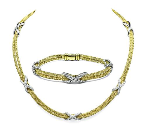 Round Cut Diamond 18k Yellow and White Gold Necklace and Bracelet Set