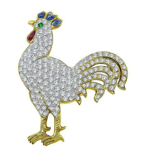 Round Cut Diamond 18k Yellow Gold Rooster Pin