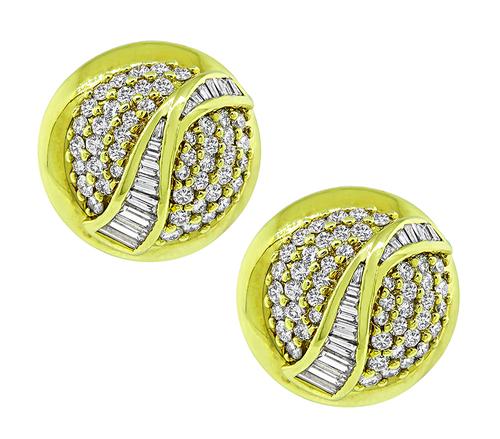 Round and Baguette Cut Diamond 18k Yellow Gold Earrings