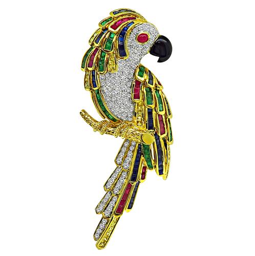 Round Cut Diamond Square Cut Sapphire Ruby and Emerald Onyx 18k Yellow and White Gold Parrot Pin