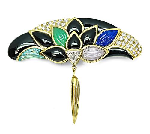 Round and Trilliant Cut Diamond Multi Color Gemstone 18k Yellow Gold Pin